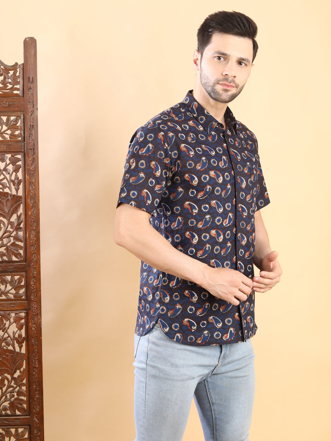 Half-Sleeves Navy Blue Paisley Printed Shirt