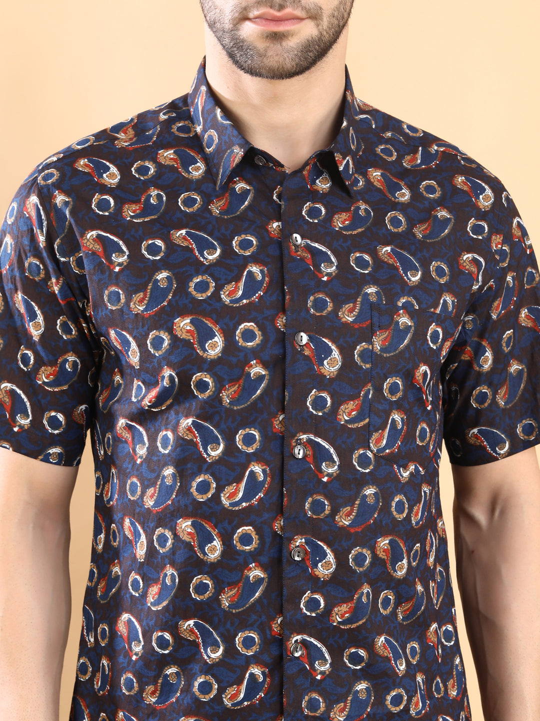 Half-Sleeves Navy Blue Paisley Printed Shirt