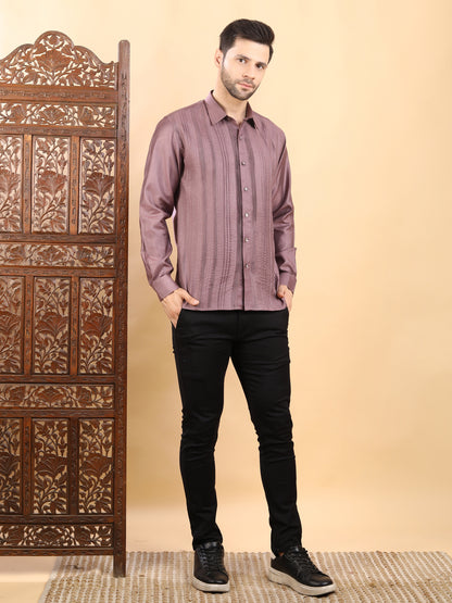 Men's Dusty Mauve Textured Pintuck Full Sleeve Casual Shirt