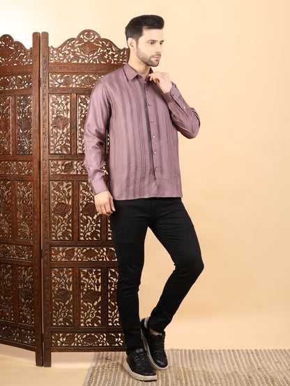 Men's Dusty Mauve Textured Pintuck Full Sleeve Casual Shirt