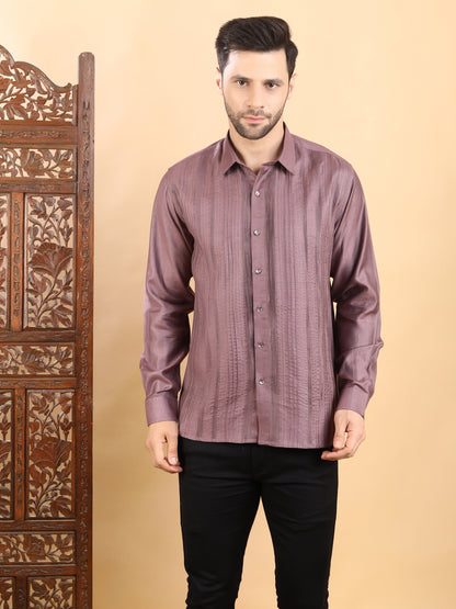 Men's Dusty Mauve Textured Pintuck Full Sleeve Casual Shirt