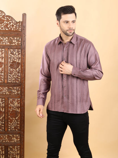 Men's Dusty Mauve Textured Pintuck Full Sleeve Casual Shirt