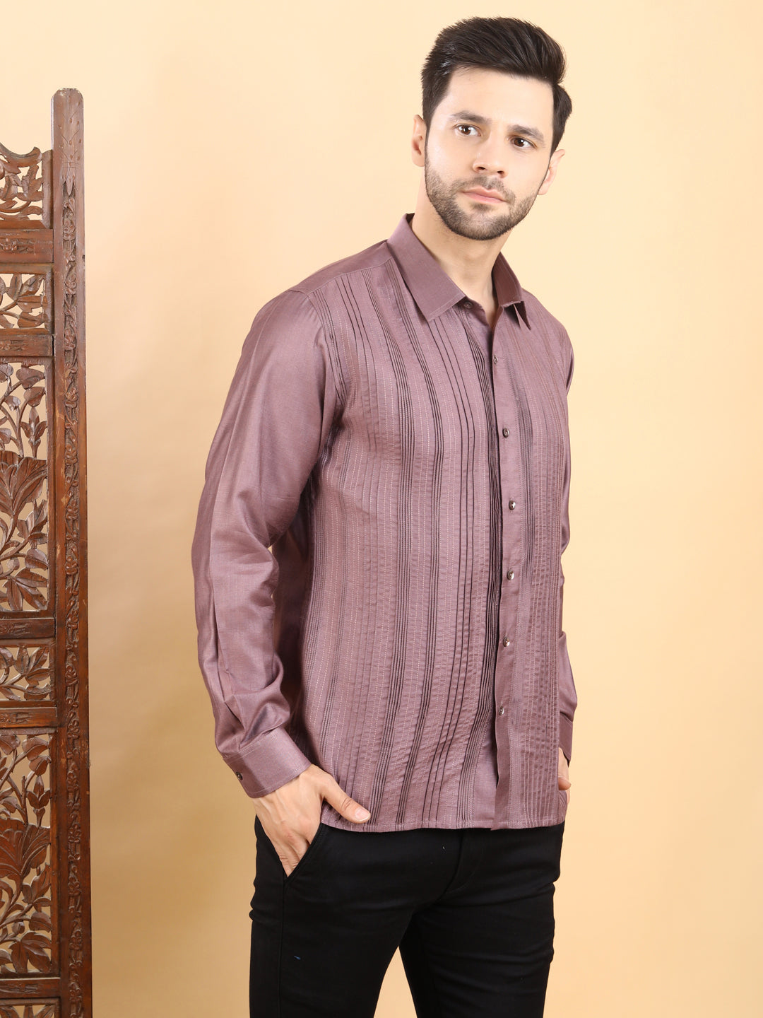 Men's Dusty Mauve Textured Pintuck Full Sleeve Casual Shirt