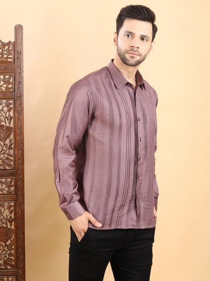 Men's Dusty Mauve Textured Pintuck Full Sleeve Casual Shirt