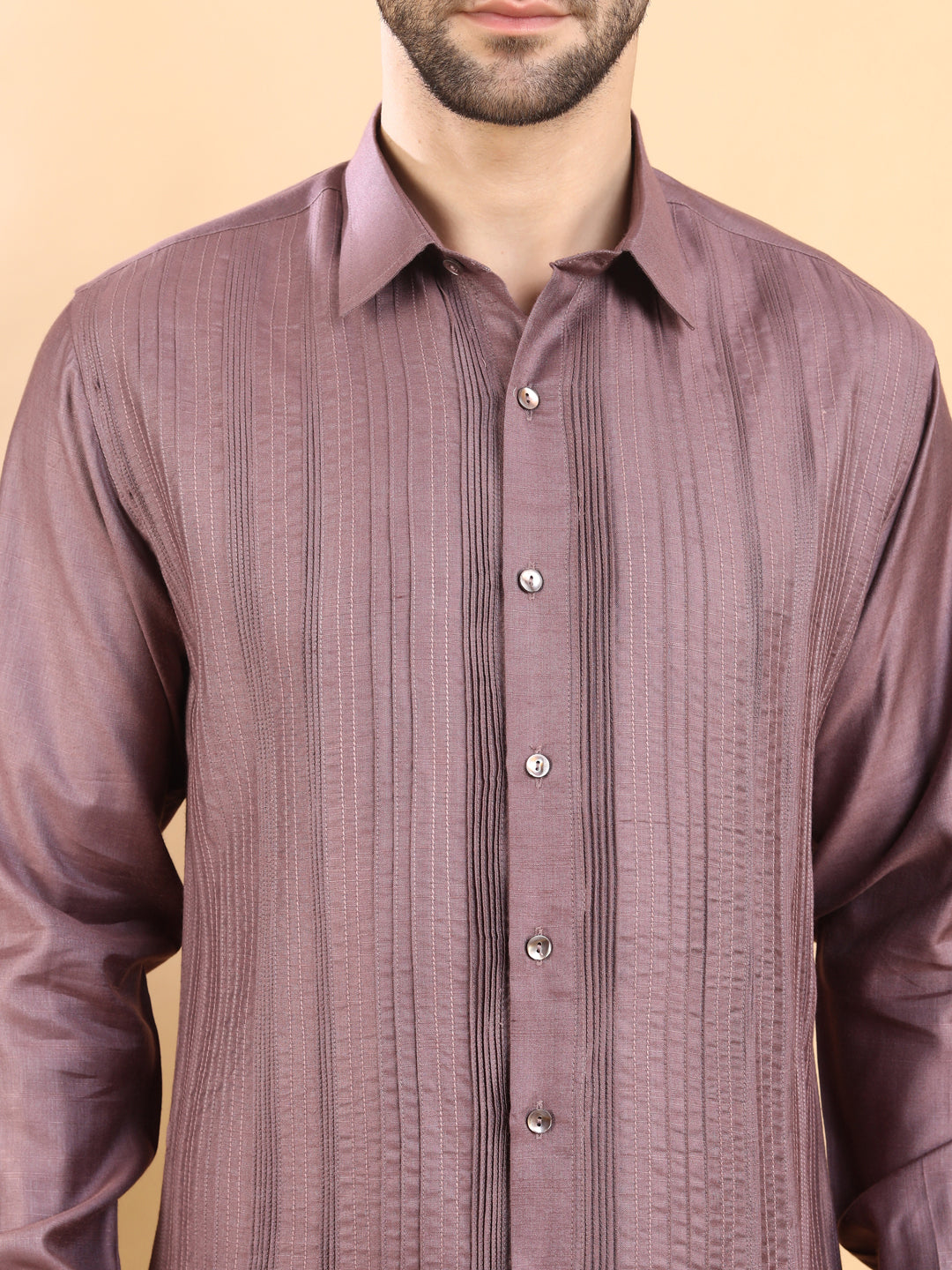 Men's Dusty Mauve Textured Pintuck Full Sleeve Casual Shirt