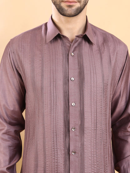 Men's Dusty Mauve Textured Pintuck Full Sleeve Casual Shirt