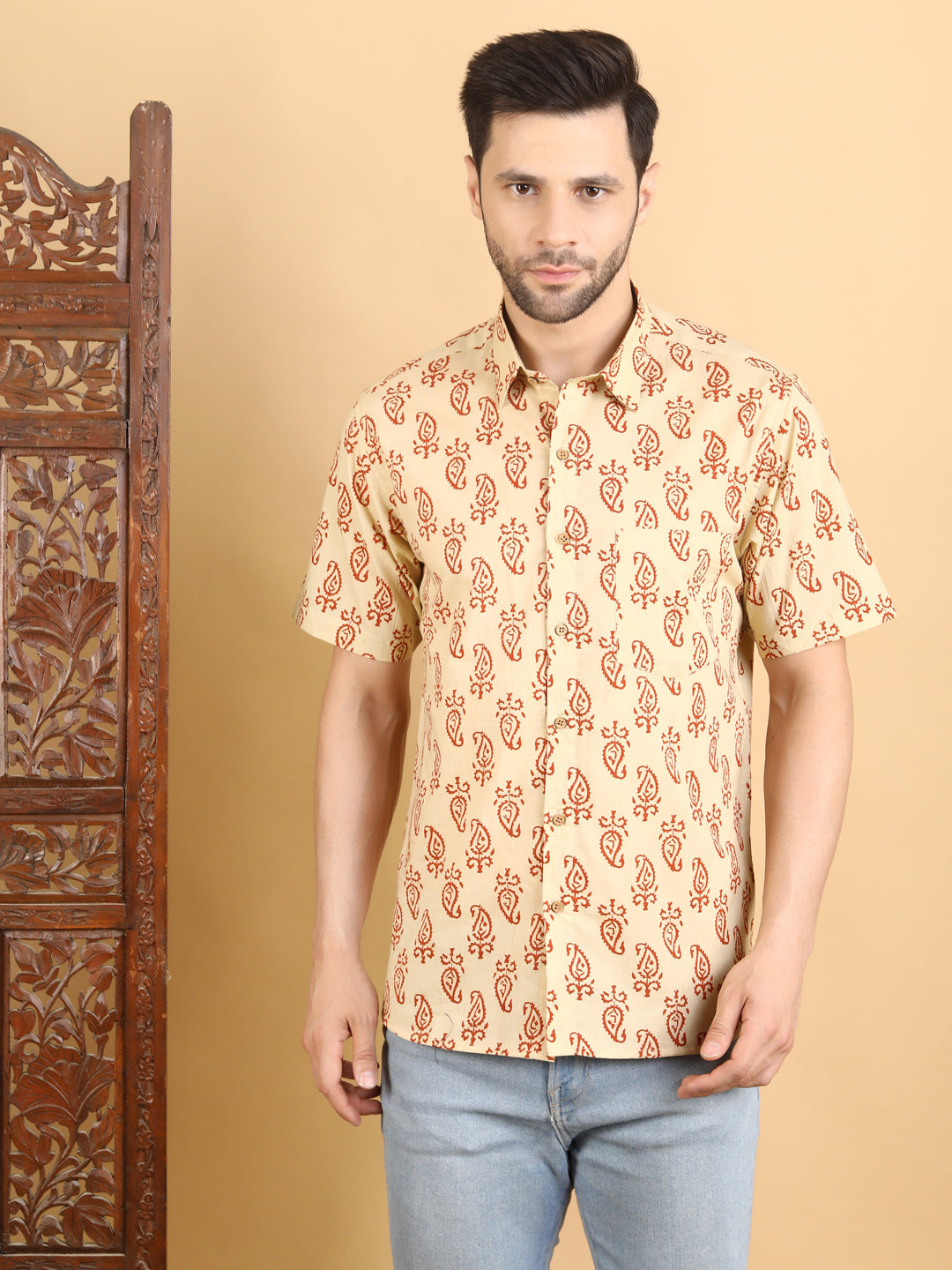 Half-Sleeves Shirt Beige Short Sleeve Shirt