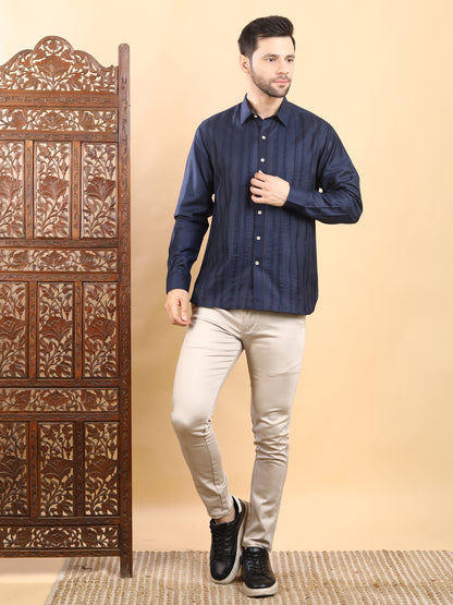 Men's Navy Blue Textured Pintuck Full Sleeve Casual Shirt
