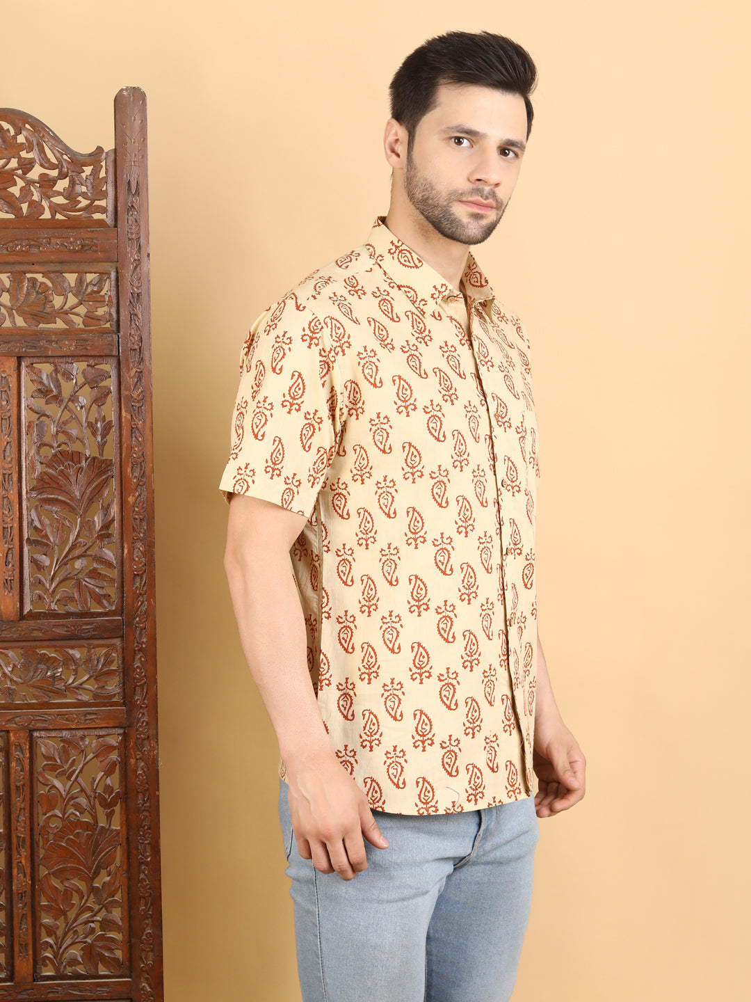 Half-Sleeves Shirt Beige Short Sleeve Shirt