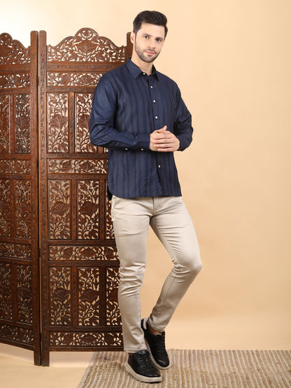 Men's Navy Blue Textured Pintuck Full Sleeve Casual Shirt