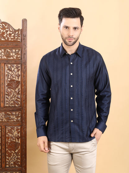 Men's Navy Blue Textured Pintuck Full Sleeve Casual Shirt