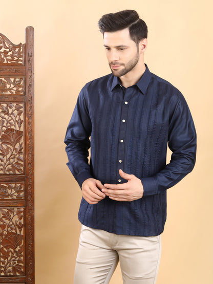 Men's Navy Blue Textured Pintuck Full Sleeve Casual Shirt