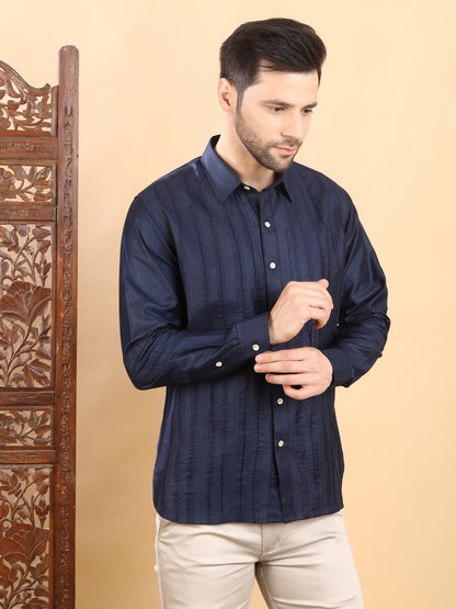 Men's Navy Blue Textured Pintuck Full Sleeve Casual Shirt
