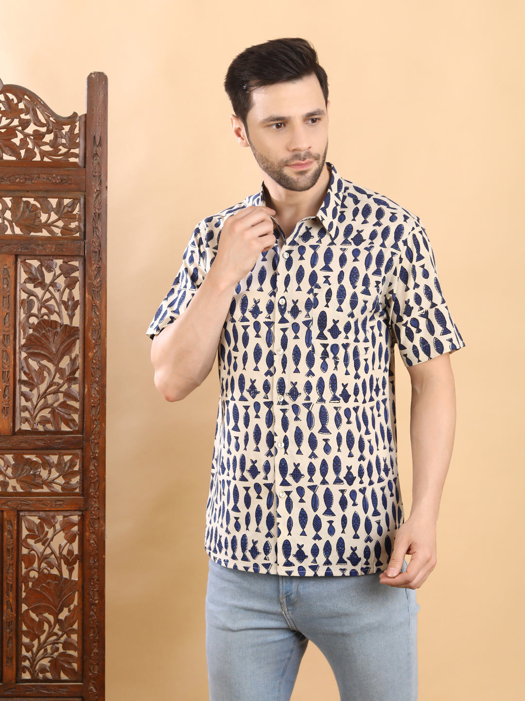 Half-Sleeves Beige and Navy short-sleeve Cotton Shirt