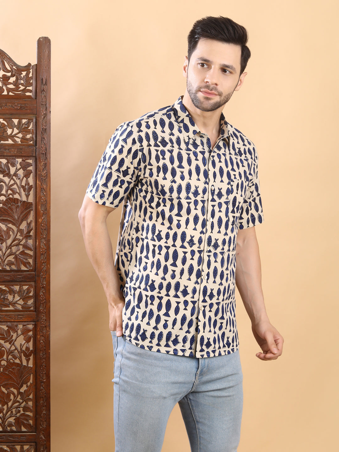 Half-Sleeves Beige and Navy short-sleeve Cotton Shirt