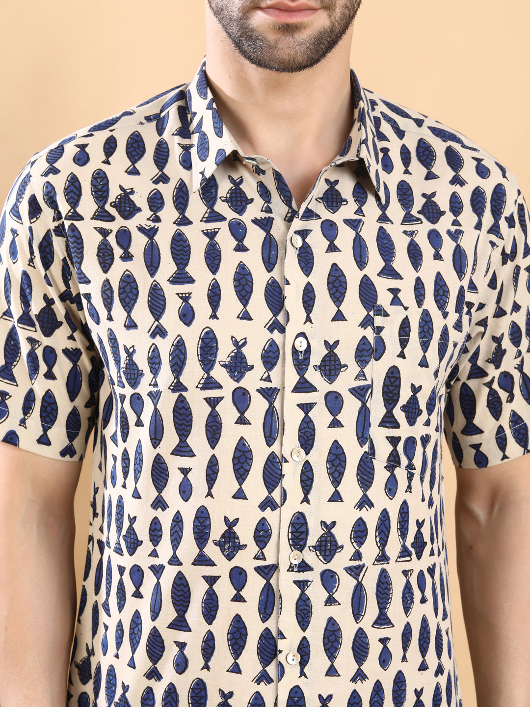 Half-Sleeves Beige and Navy short-sleeve Cotton Shirt