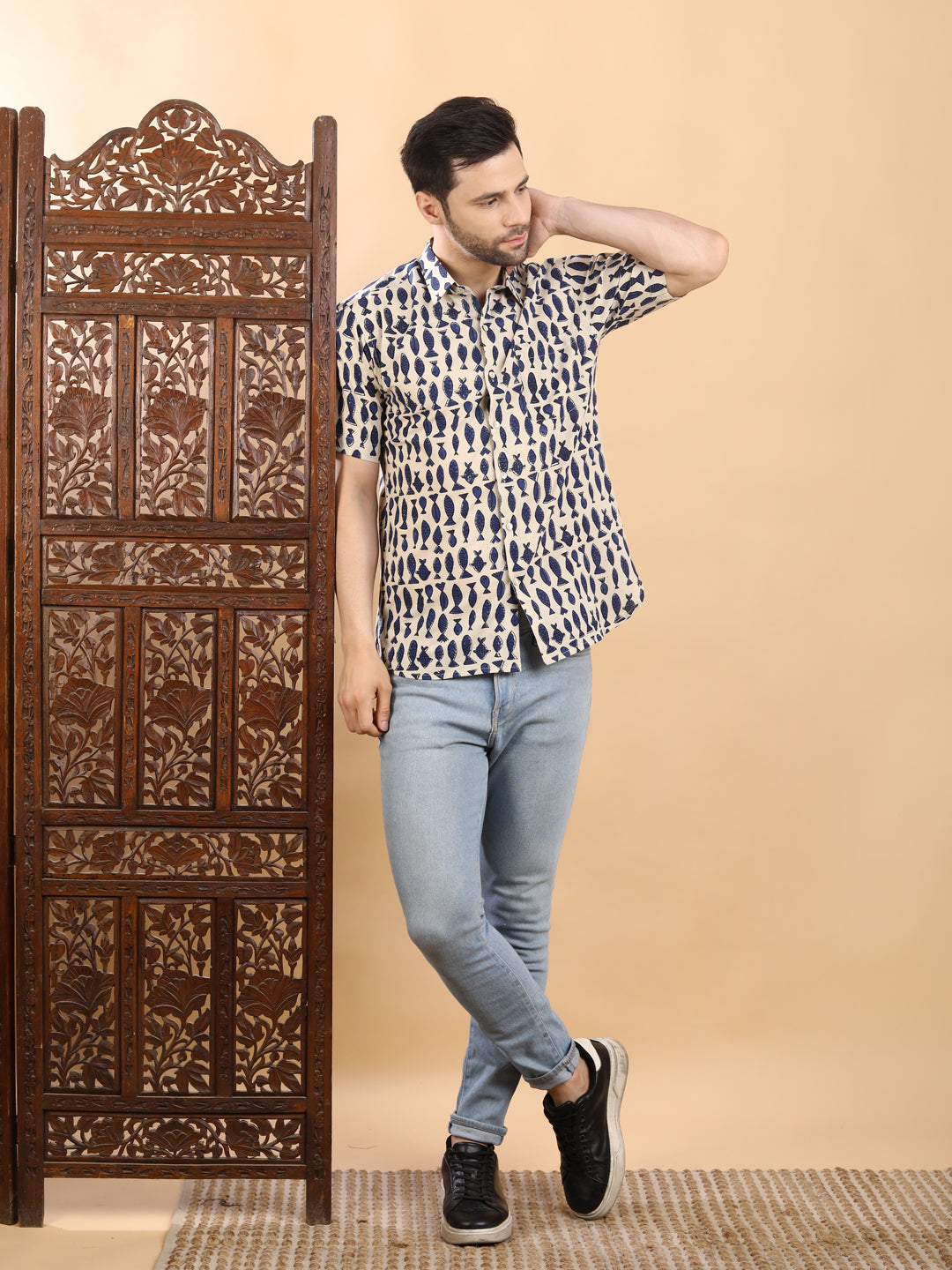 Half-Sleeves Beige and Navy short-sleeve Cotton Shirt