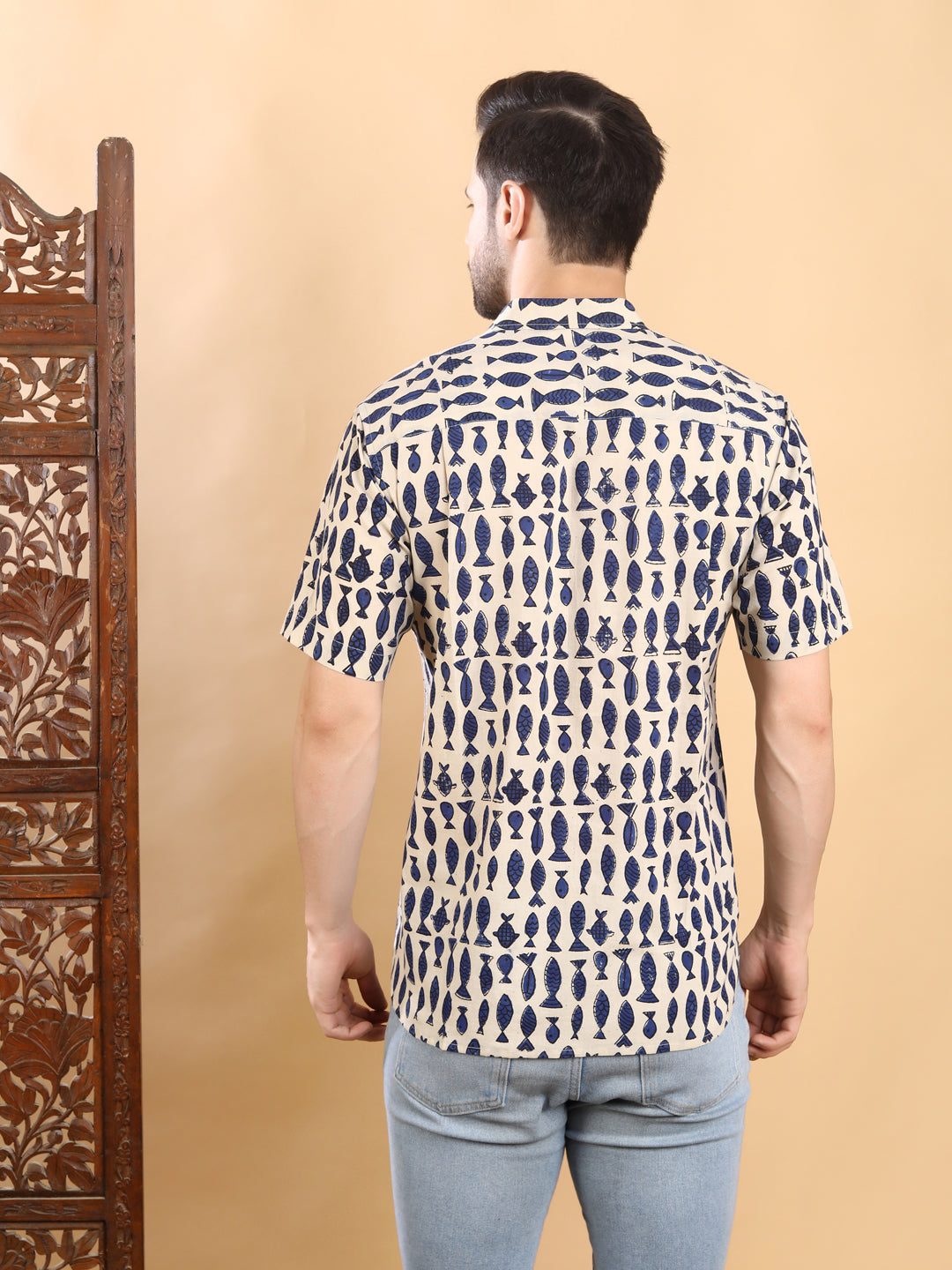 Half-Sleeves Beige and Navy short-sleeve Cotton Shirt