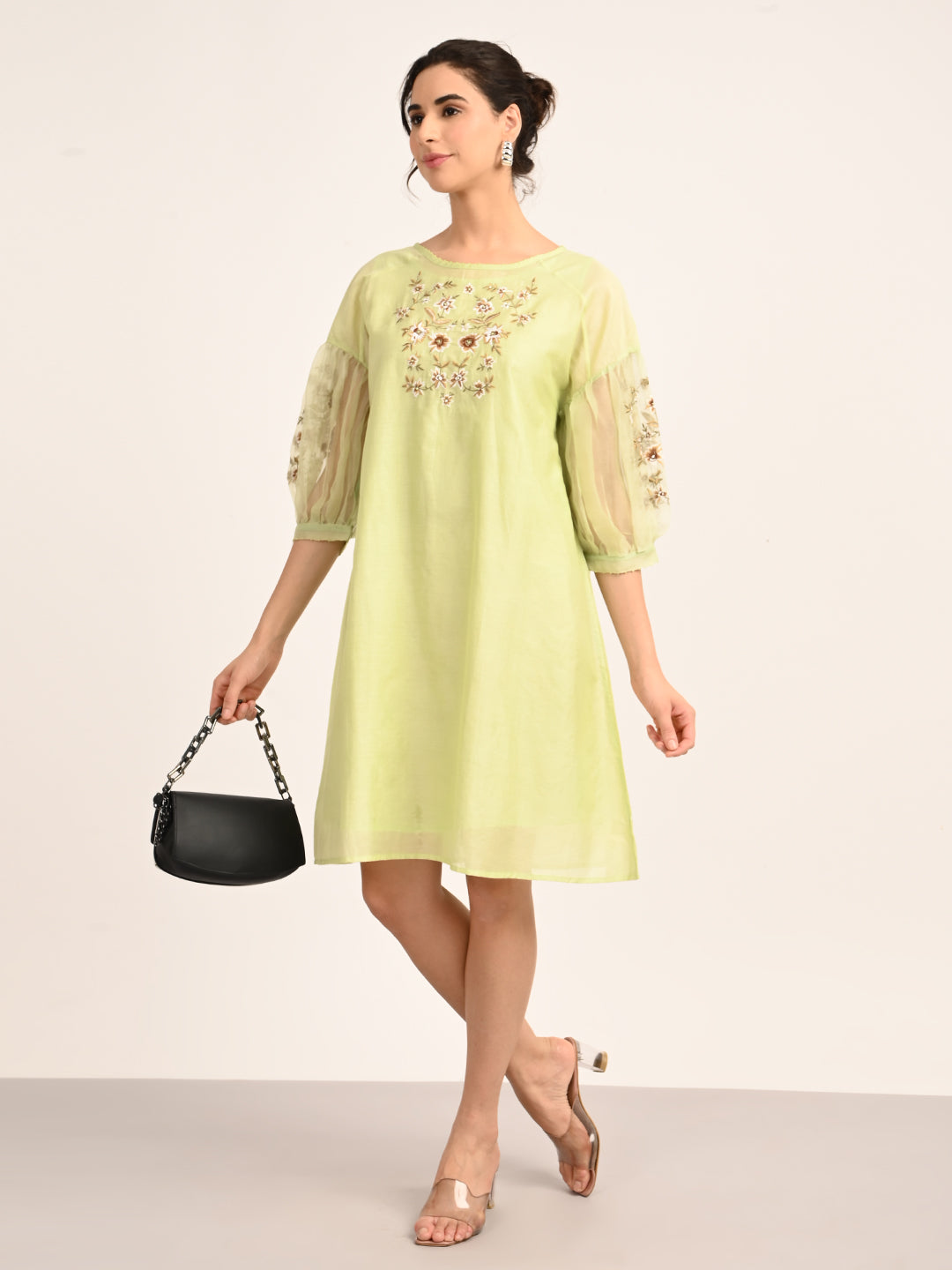 Green Silk Chanderi Dress with Hand-Embroidered Detailing