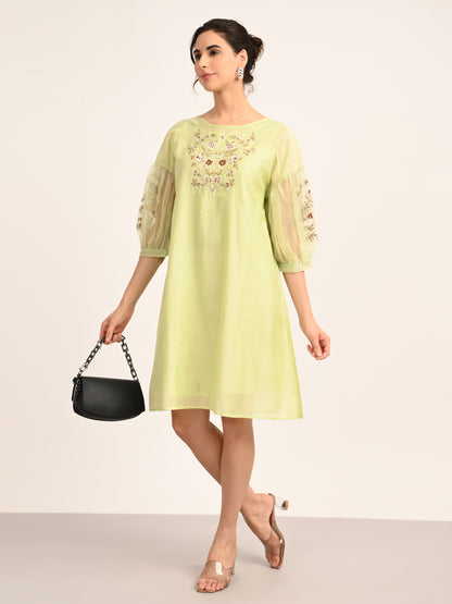 Green Silk Chanderi Dress with Hand-Embroidered Detailing