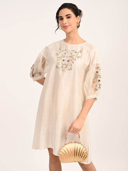 Ivory Silk Chanderi Dress with Hand-Embroidered Detailing