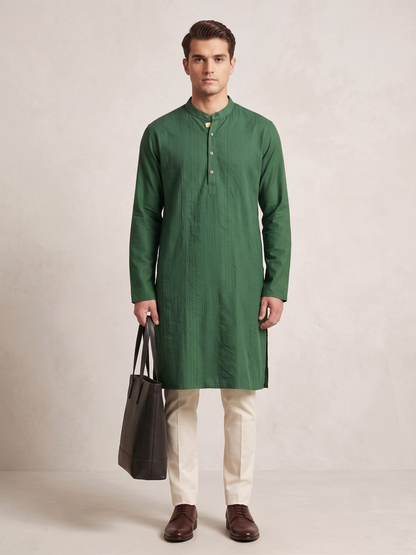 Green Kosi Silk Full-Length Kurta with Hand Pin Tuck Detailing