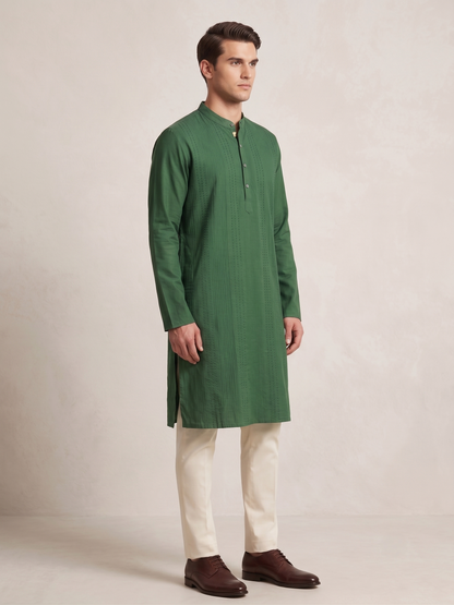 Green Kosi Silk Full-Length Kurta with Hand Pin Tuck Detailing
