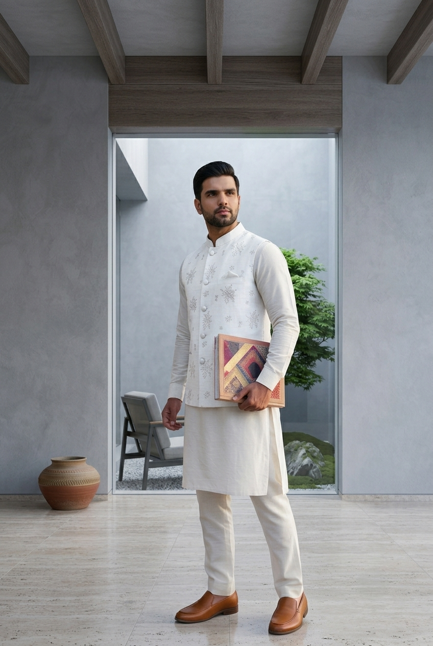 Festive Raw Silk Embroidered Bundi- White
