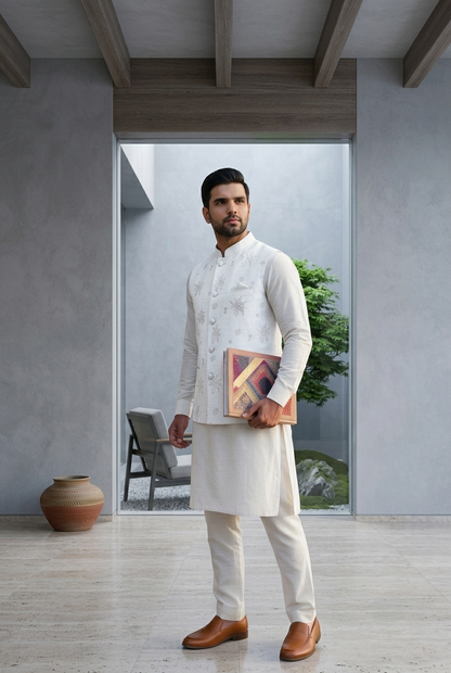 Festive Raw Silk Embroidered Bundi- White
