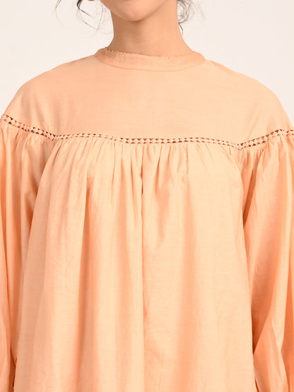 Peach Silk Chanderi A-Line Dress with Embroidered Hem