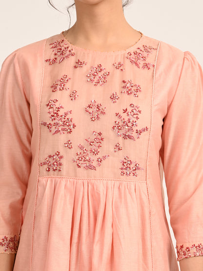 Blush Peach Silk Chanderi Knee-Length Dress with Embroidered Organza Yoke