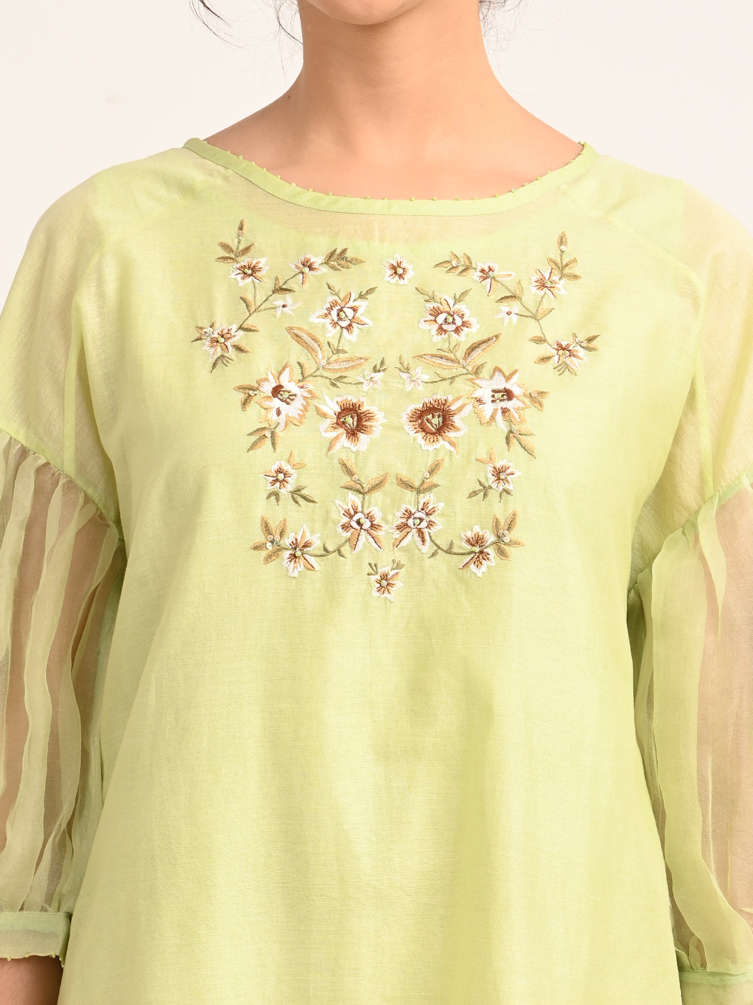 Green Silk Chanderi Dress with Hand-Embroidered Detailing