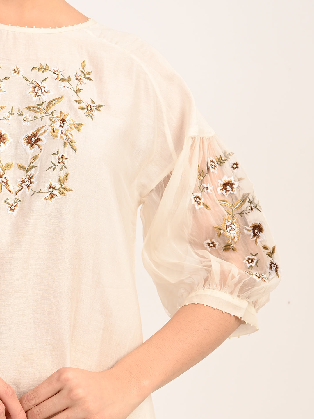 Ivory Silk Chanderi Dress with Hand-Embroidered Detailing