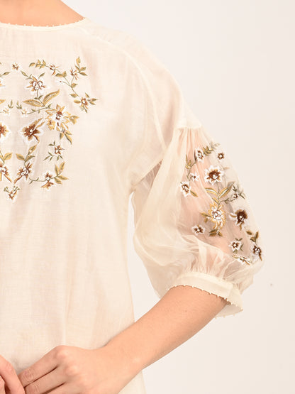 Ivory Silk Chanderi Dress with Hand-Embroidered Detailing